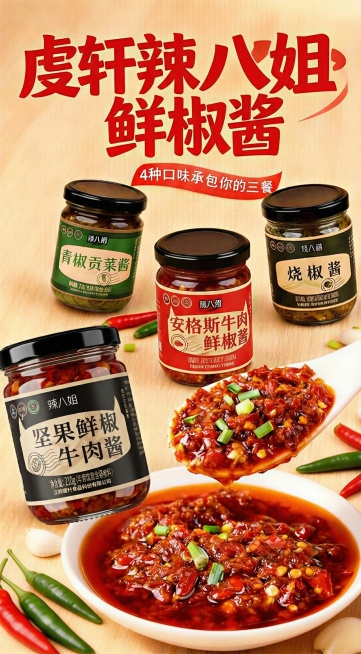 将图中4瓶辣椒酱的标签替换为第二张图里对应辣椒酱的标签内容和字体，其余画面元素保持不变预览效果