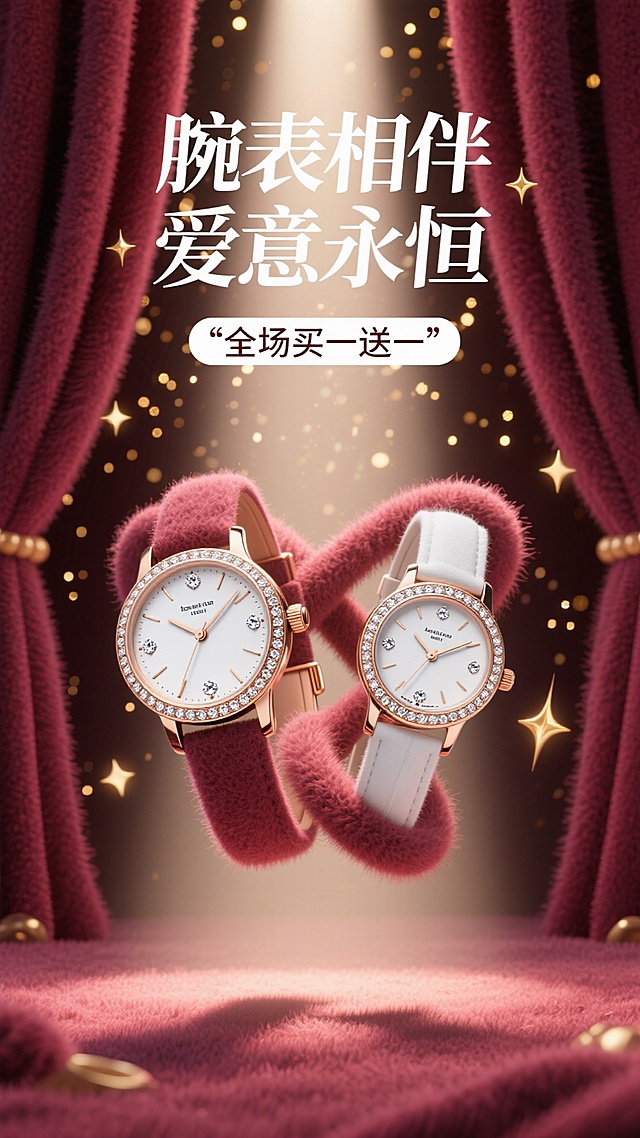 海报采用深邃的勃艮第酒红色背景，犹如天鹅绒幕布。画面中央，一道光束打下，聚焦于一对优雅交叉的男女款奢华腕表。表盘上的钻石与金属细节在光线下熠熠生辉，仿佛悬浮于璀璨星河之中。背景中若隐若现的金色光斑，如同繁星点点。
白色的主标题“腕表相伴 爱意永恒”采用纤细优雅的衬线字体，悬浮于手表上方，与副标题“全场买一送一”形成大小和字重的对比，整体感觉高端、浪漫且充满仪式感。