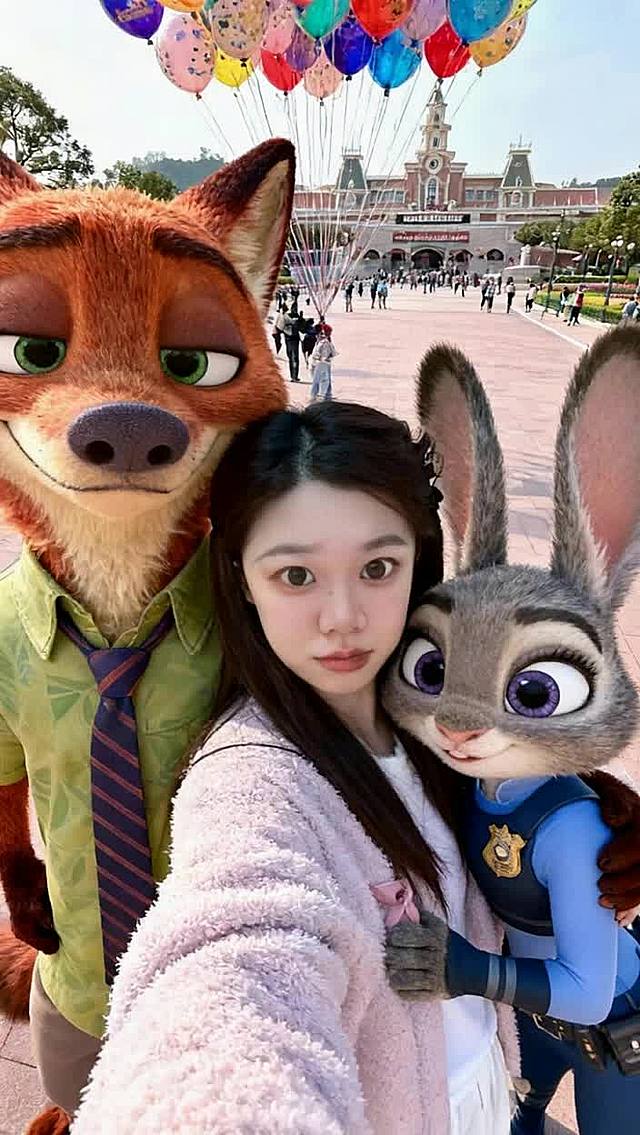 背景为香港迪士尼乐园中心广场，人物互相拥抱，周围飘着彩色气球