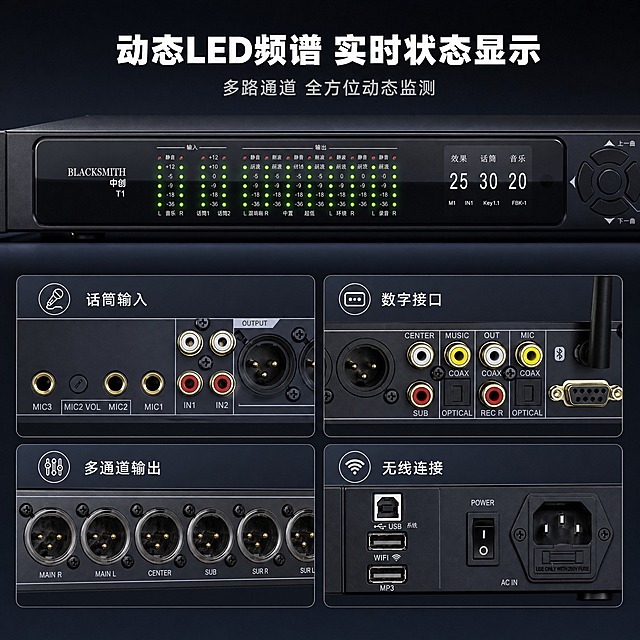 [主图-3] BLACKSMITH 中创 T1 前级效果器 产品证据与结构细节展示，突出动态LED频谱与丰富接口。
[统一基调] 专业科技感风格，冷灰黑为主色调，深灰色渐变背景，白色主标题字，浅灰色辅助文字，荧光绿作为数据高亮强调色，无衬线粗体字体，圆角卡片组件，整体高端品质感。
[画面] 画面采用上下结构。上方约50%区域为产品正面特写，聚焦LED频谱指示灯区域，绿色LED灯珠清晰点亮，呈现动态频谱效果，屏幕显示参数清晰可见。下方约50%区域为2x2的细节卡片矩阵，四个圆角卡片分别展示：1) 麦克风输入接口特写 2) 光纤/同轴数字接口特写 3) 主输出通道接口特写 4) USB/WiFi连接端口特写。每个卡片上方有一个小图标和两字标签。整体画面通过细节特写证明产品的专业结构和丰富功能。
[光影质感] 影棚级微距摄影质感，LED灯珠有真实的发光效果和轻微光晕，接口金属触点有清晰反光，卡片有轻微阴影和层次感。
[配色] 深灰黑背景，白色文字和标签，荧光绿LED灯光效果，银灰色金属接口，冷色调科技感。
[文字版式] 画面顶部居中主标题"动态LED频谱 实时状态显示"，白色粗体大号字。主标题下方一行辅助文字"多路通道 全方位动态监测"，浅灰色小号字。下方四个卡片各有两字标签，如"话筒输入""数字接口""多通道输出""无线连接"，白色中号字。文字清晰，布局均衡。
[输出要求] 1:1正方形比例，2K分辨率，细节清晰，LED效果真实，文字清晰可读，无变形，无错字，无水印，无平台Logo。