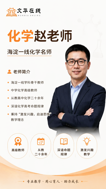 专业简约教育风名师简介海报，9:16竖版，整体版式精美排版清晰。左上角放置"文华在线"logo，logo为橙色建筑书本图案搭配黑色文字。画面上方主标题为"化学赵老师"，副标题为"海淀一线化学名师"。画预览效果