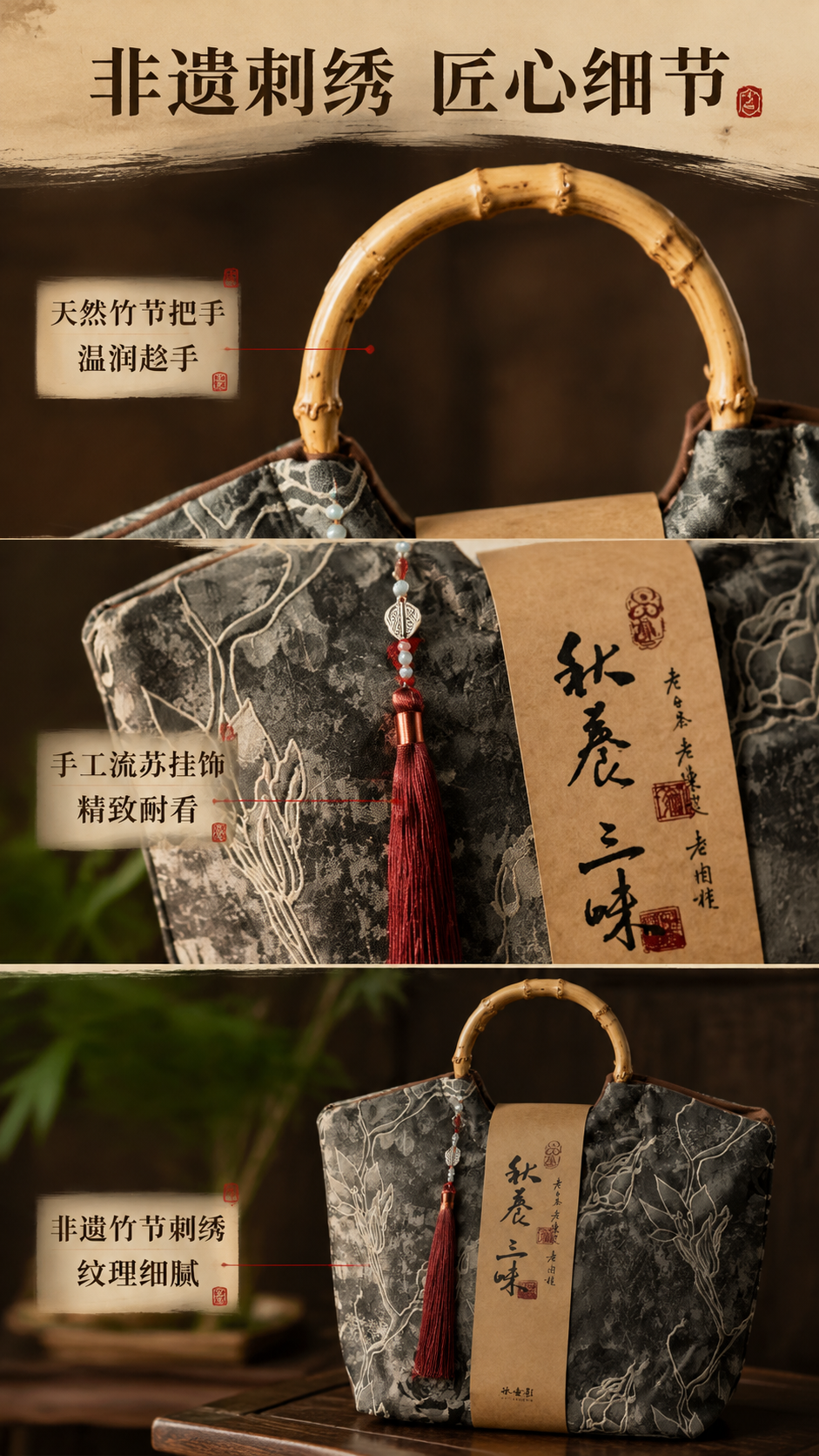 [商品] 使用【图4】青花墨款手提包细节展示；保留竹节把手的天… - 图片创意预览