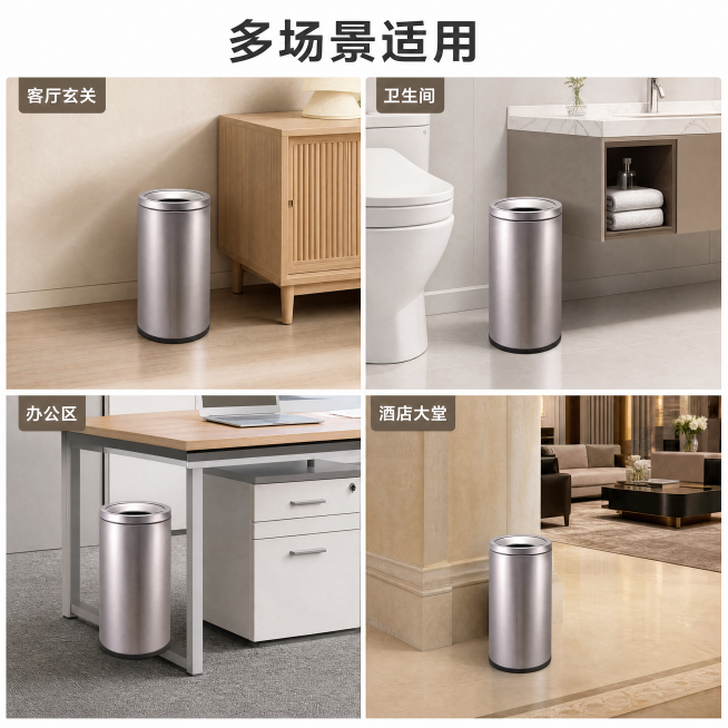 使用电商主图技能生成6张比例1:1的电商主图，适配平台为淘宝/天猫，商品为「图片1」「图片1」「图片1」「图片1」，商品卖点为大容量50L圆形直投垃圾桶，其他要求为不锈钢材质易清洁，直径380mm，高预览效果