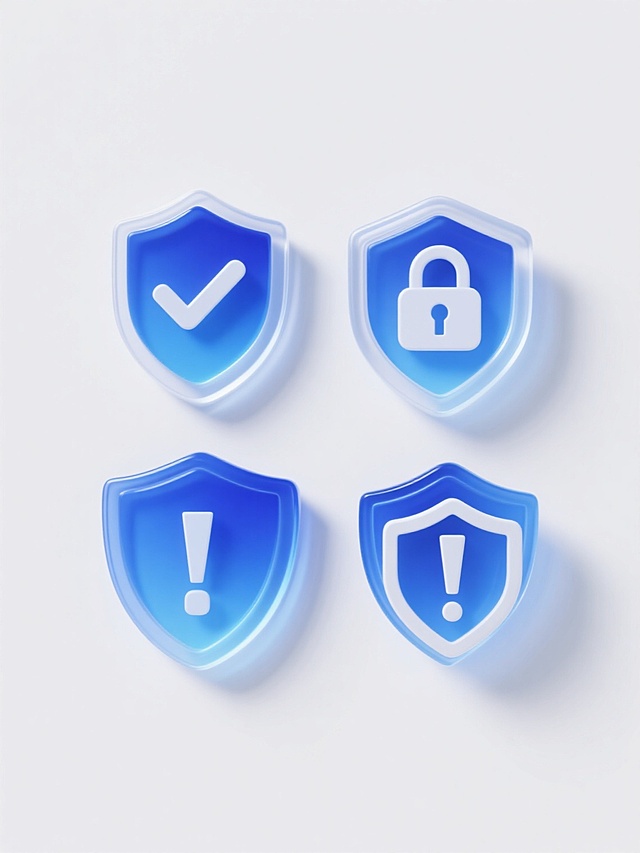 一组4个不同造型的防护元素图标，每个图标均采用3D立体设计风格，具有光滑的蓝色渐变表面和强烈的玻璃态半透明光泽，边缘有白色高光勾勒，内部包含象征防护的核心符号（如盾牌内的对勾、锁形图案、盾牌内的感叹号、盾牌内的盾牌叠加），所有图标规整排布在纯白色纯色背景上，保持一致的光影效果、色彩和谐度与视觉质感，整体呈现出科技感与安全感并存的现代设计风格。