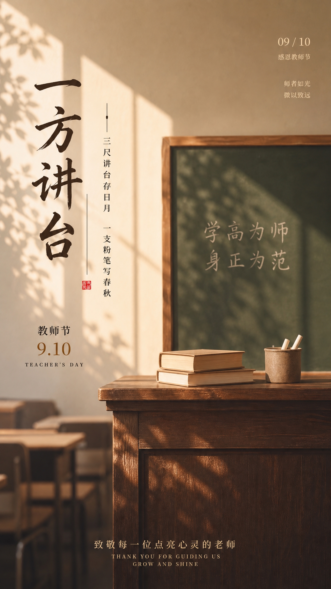 教师节温情怀旧风格宣传海报，竖版9:16比例，内容与参考图完全… - 图片创意预览
