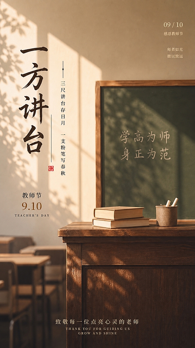 教师节温情怀旧风格宣传海报，竖版9:16比例，内容与参考图完全一致，画面重新布局为竖版构图。

【主体场景】一间教室讲台区域，近景特写，温暖静谧庄重。前景深棕色木质讲台，台上整齐叠放两本米黄色旧书，旁边陶制笔筒内插几支粉笔/毛笔。讲台后方绿色老式黑板，原木色边框，黑板上有白色粉笔字："学高为师 身正为范"。阳光从左侧窗户斜射入室内，墙上和讲台上有清晰的光斑与树叶投影，光影诗意。墙面浅米白色，远处虚化可见学生课桌椅轮廓，无人物。

【主标题区（画面左侧/上部）】书法体大字"一方讲台"，笔触有力温润，视觉中心。竖排小字对联："三尺讲台存日月""一支粉笔写春秋"，下方红色印章。节日标识："教师节""9.10""TEACHER'S DAY"中英文结合。

【右上角信息区】日期标注"09/10"+"感恩教师节"，标语"师者如光 微以致远"。

【底部致敬语】中文："致敬每一位点亮心灵的老师"；英文："THANK YOU FOR GUIDING US GROW AND SHINE"。

【风格】暖黄、棕褐、墨绿主色调，复古温馨沉静氛围，书法/行楷标题，宋体正文，传统文化韵味（书法、印章、对联）。

版式精美，信息层级清晰，四周留安全边距，文字清晰可读，画面完整直出。

画面中所有数字必须精确渲染，不得错位、遗漏或编造。