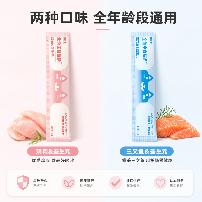 「图片1」，生成电商主图（5张），商品名称是膳殿下全价主食猫条（鸡肉&益生元/三文鱼益生元两种口味），卖点是全价主食猫条，能当饭吃，告别零食猫条营养缺失，30% 三文鱼 / 40% 鸡胸鲜肉，高蛋白补预览效果