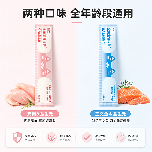 「图片1」，生成电商主图（5张），商品名称是膳殿下全价主食猫条（鸡肉&益生元/三文鱼益生元两种口味），卖点是全价主食猫条，能当饭吃，告别零食猫条营养缺失，30% 三文鱼 / 40% 鸡胸鲜肉，高蛋白补水护泌尿,添加益生元，软便玻璃胃猫咪专用主食猫条，均衡钙磷多维，美毛护心，全年龄段猫咪通用,12g 独立便携装，外出、正餐、拌粮一整条搞定，适配拼多多平台，主图比例为1:1