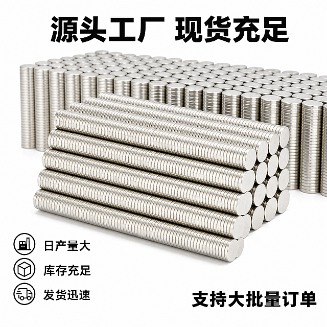 [主图-3] 工厂批量实力展示，白底黑字风格。
[统一基调] 纯白背景 #FFFFFF，黑色主标题文字，深灰色辅助文字，简洁专业电商主图风格，字体为无衬线粗体，文字清晰锐利。
[画面] 画面主体展示大量圆形单面磁磁铁堆叠的壮观效果：前景是多排横向堆叠的磁铁条（银色镀锌款，层层排列形成矩阵效果），中景是几列竖直的磁铁柱，远景是密密麻麻排列的磁铁矩阵，层层递进体现库存充足、批量供货能力强。整体呈现工厂现货充足的视觉冲击力。产品占画面约70%。
[光影质感] 专业商业摄影棚光，均匀明亮，堆叠的每一层磁铁都有清晰的明暗分界，形成强烈的节奏感和数量感，金属光泽统一自然。
[配色] 纯白背景，黑色主标题和重点文字，深灰色辅助说明文字。
[文字版式] 画面顶部居中大号黑色粗体主标题「源头工厂 现货充足」；画面左下角竖向排列三行黑色文字：「日产量大」「库存充足」「发货迅速」，每行配一个简约黑色图标；画面右下角放置黑色粗体文字「支持大批量订单」。文字分布在角落，不遮挡主体堆叠效果。
[输出要求] 1:1正方形比例，2048×2048px，2K高清，产品清晰锐利，文字清晰可读，无变形、错字、模糊、杂乱、水印、平台Logo。