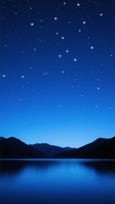 深蓝色渐变夜空布满密集闪烁的白色星星，星空从深邃靛蓝渐变为明亮的湖蓝色，底部是轮廓分明的黑色山脉剪影，山脉下方是平静如镜的深蓝色湖面，整体呈现出宁静、悠远、神秘的氛围，画面简洁，色彩和谐统一，具有极高的视觉舒适度和自然美感。预览效果