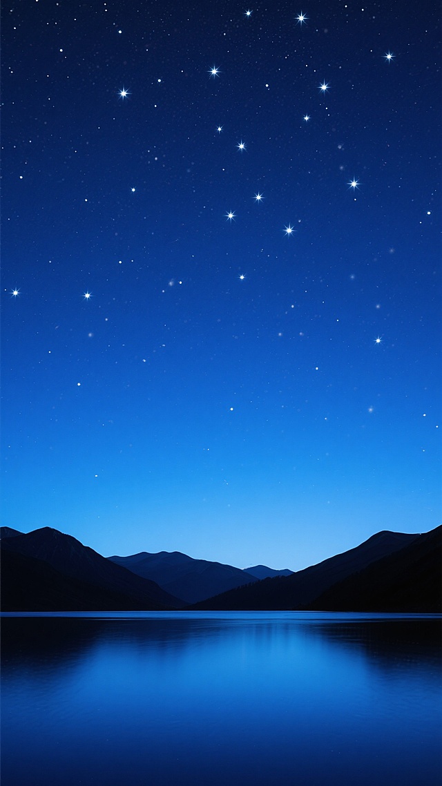 深蓝色渐变夜空布满密集闪烁的白色星星，星空从深邃靛蓝渐变为明亮的湖蓝色，底部是轮廓分明的黑色山脉剪影，山脉下方是平静如镜的深蓝色湖面，整体呈现出宁静、悠远、神秘的氛围，画面简洁，色彩和谐统一，具有极高的视觉舒适度和自然美感。