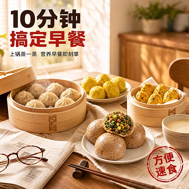 [主图-4] 场景体验 家庭早餐场景 方便速食
[统一基调] 中式家庭早餐风 食欲感 自然暖光 背景主色暖木色米白色浅棕色 标题字色深棕色朱红色 辅助字色米白色暖黄色 强调色朱红色印章 主标题粗黑体厚重 辅助文案清爽黑体 圆角米色卡片细棕色描边
[画面] 温馨家庭早餐场景 俯拍视角 木质餐桌上摆放着丰盛的杂粮早餐 竹制蒸笼里的小笼包冒着热气 盘子里的菜团子 小碟里的窝窝头 旁边有一杯热豆浆和一双筷子 桌角有一份报纸和眼镜 营造一家人吃早餐的生活氛围 产品占画面50% 背景是虚化的厨房和窗户 晨光洒进来 温暖治愈
[光影质感] 自然晨光 从窗户方向斜射 桌面有柔和光影 食物表面有温暖光泽 整体明亮温馨 生活方式摄影质感 自然不刻意
[配色] 暖木色餐桌 米白色餐具 食物杂粮色 晨光暖黄色调 整体温暖舒适
[文字版式] 左上角主标题粗黑体"10分钟搞定早餐" 下方小字"上锅蒸一蒸 营养早餐即刻享" 右下角印章"方便速食" 文字放在画面边缘 不遮挡餐桌主体
[输出要求] 1:1比例 场景温馨有代入感 食物清晰 文字清晰 负向：变形 错字 模糊 杂乱 水印 平台Logo 人物面部 过度摆拍