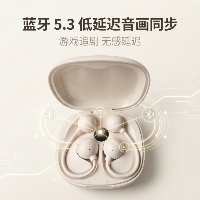 [主图 6] Doremi开放式蓝牙耳机蓝牙低延迟主图。浅米色极简风，商业摄影质感，光线柔和通透，产品清晰真实，画面干净高级。画面中部为耳机特写，搭配蓝牙连接示意图。保持充电盒浅米白哑光磨砂质感，耳机预览效果