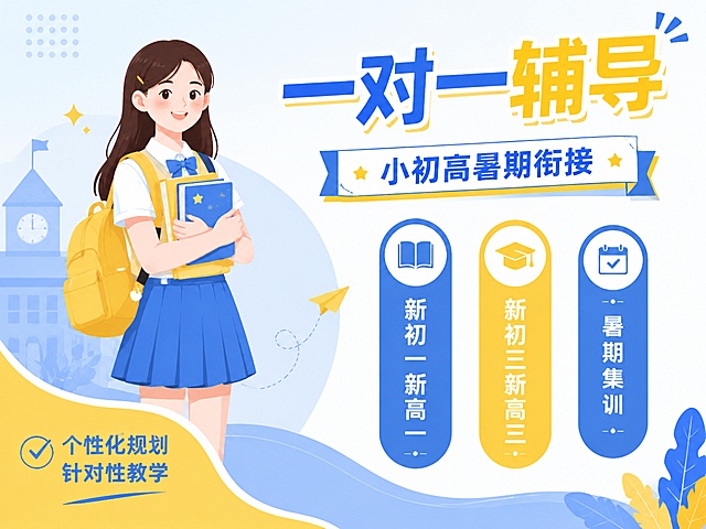 扁平插画风格教育培训海报，延续参考图蓝黄清新配色，带学生人物，比例4:3。调换构图：左侧放女生学生人物站立拿书本，右上角大主标题蓝黄撞色写"一对一辅导"，副标题写"小初高暑期衔接"，右侧三个竖向卖点标签依次写"新初一新高一"、"新初三新高三"、"暑期集训"，左下角标注"个性化规划 针对性教学"，和参考图构图不同，内容全新，禁止出现提分、弯道超车等违规词汇