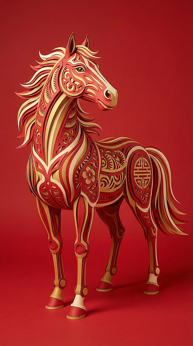 中式剪纸风骏马，红金配色尽显喜庆，撕纸与浮雕结合强化体积感，重拟物手法呈现立体质感，寓意新春吉祥。