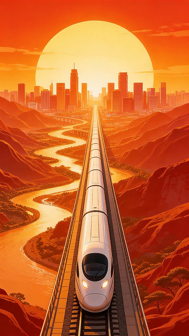 将火车桥梁延伸至城市方向，去除前景火车两旁的分岔桥梁结构，保持画面其余所有元素、橙红色落日风格与色调不变
