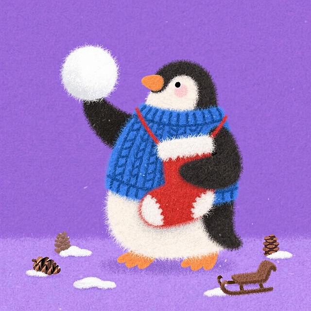 拟人卡通企鹅（穿蓝针织背心）站紫色纯色背景中，前爪抱雪球要抛起，颈间挂圣诞袜，周围散着迷你雪橇、松果