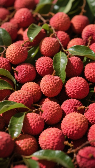 一堆新鲜饱满的荔枝，果实呈现鲜艳的红色，带有自然的纹理和光泽，夹杂着翠绿的荔枝叶，采用俯视角布局，光线从斜上方照射，形成明显的光影对比，突出果实的立体感和表面质感，整体构图紧密饱满，色彩明快鲜亮，充满丰收的喜悦氛围。预览效果