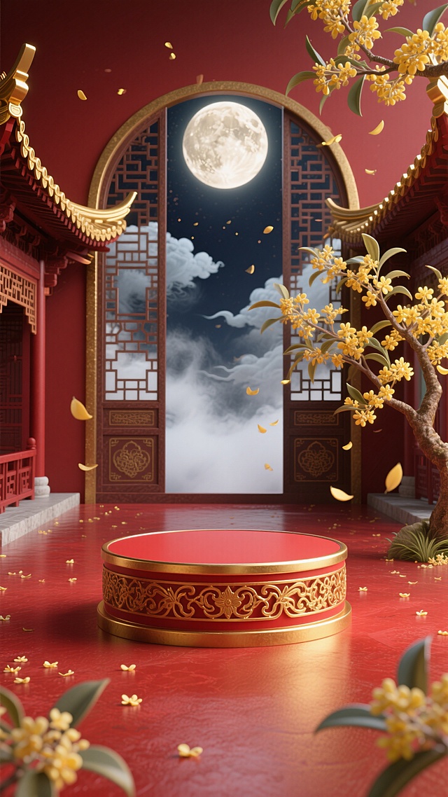 红金为主色调，画面中心是带中式雕花的红金色圆形展示台，放在红色地面上，后方是中式镂空门窗构成的拱门，拱门内夜空中有圆月，周围环绕云朵与烟雾，两侧点缀金色屋檐的中式建筑，右侧有开满黄色花朵的桂树枝（花瓣飘落），地面散落桂花