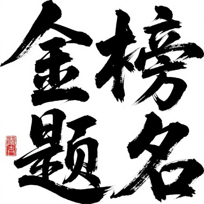 中国书法风格的“金榜题名”四个大字，采用气势磅礴、笔力遒劲的行草字体，笔画粗细变化明显，墨色浓淡干湿对比强烈，飞白笔触自然生动，整体呈现出潇洒豪迈、气韵连贯的艺术效果。左下角配以一方红色印章，印章文字为篆书，与主体书法形成色彩和风格上的对比与呼应。背景为纯白色，使书法主体更加突出，整体构图简洁大气，视觉焦点集中，营造出庄重喜庆、充满文化底蕴的氛围，完美契合金榜题名所蕴含的荣耀与祝福之意。预览效果