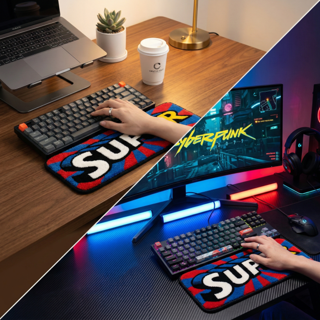 手工羊毛簇绒键盘手托使用场景，放在办公桌和电竞桌两种场景拼接图，搭配机械键盘和鼠标，提升桌面颜值，人体工学手腕支撑效果展示，舒适放松姿势，年轻潮流办公室风格，温暖灯光，真实生活场景拍摄，高级电商氛围图预览效果