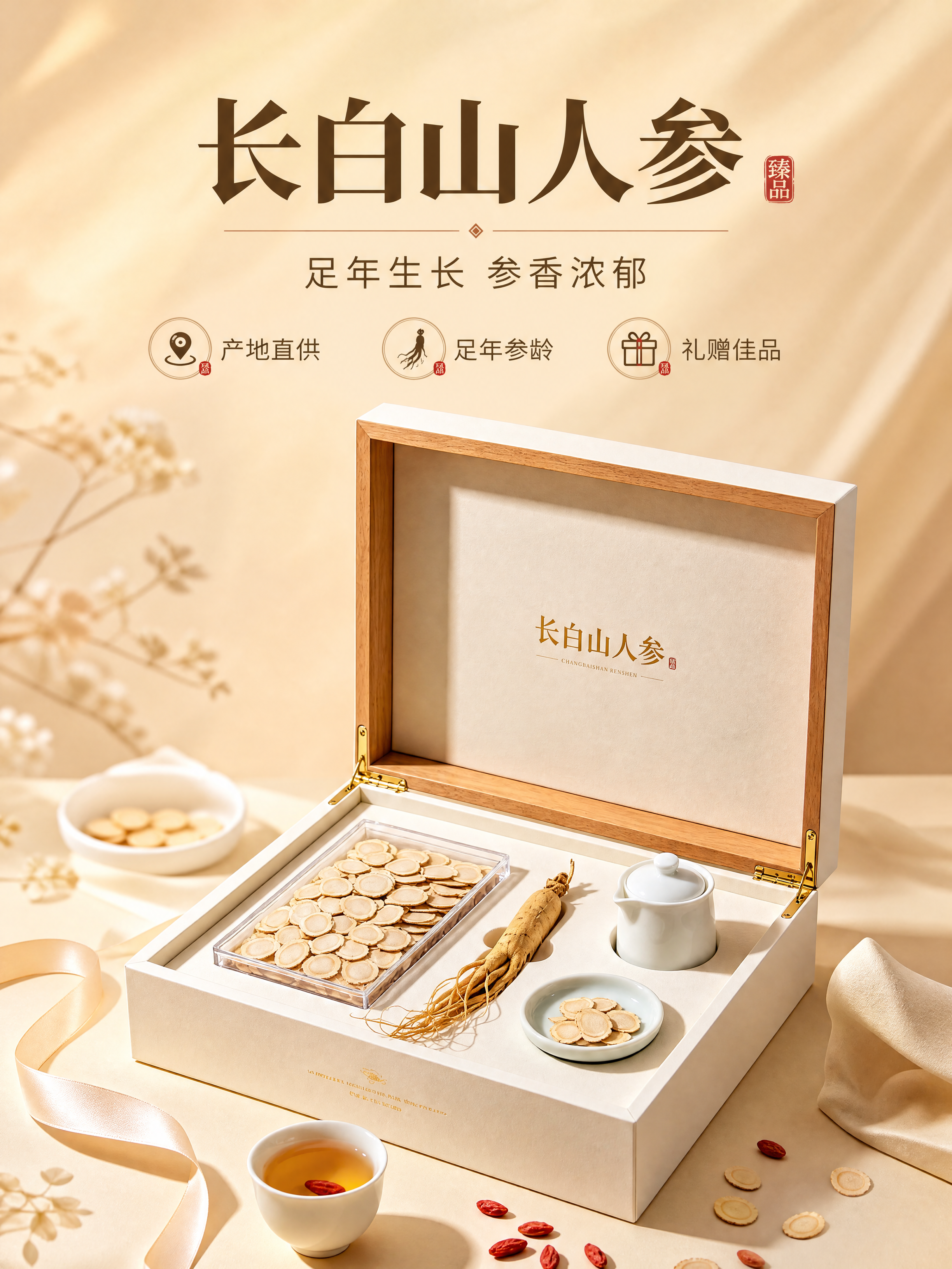 [商品] 使用【图3】长白山人参礼盒套装；保留礼盒米白色外观、… - 图片创意预览
