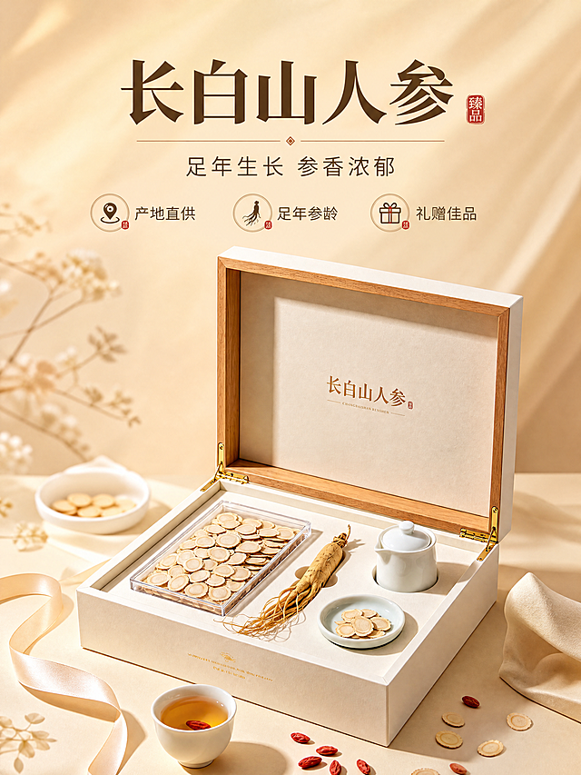 [商品] 使用【图3】长白山人参礼盒套装；保留礼盒米白色外观、木质边框、金色"长白山人参"文字、透明人参片盒、整支人参、白瓷茶具等全部结构与颜色；礼盒文字清晰可辨，不修改商品本体文字。
[画面] 目标为头图主视觉，上文下图版式，礼盒置于画面中下部占画面60%，前景散落枸杞与人参片，背景暖米色渐变+柔和光影，营造高端滋补礼赠氛围；前中后三层景深，礼盒为绝对主体。
[视觉] 套系策略：风格=东方雅致高级商业摄影；标题字=宋体衬线粗体；正文字=简洁无衬线体；主色=暖米杏+人参金棕；背景延展=基于暖米杏做深浅层级、同色渐变和细腻纸张/丝绸质感；强调色=朱砂红，仅用于小面积图标、引线和标签；标题色=深棕褐；正文色=中暖灰；组件=圆角浅底信息卡、细线引线、中式印章元素；光影=左前侧暖柔光+右侧轮廓光。
[文字] 上方居中主标题「长白山人参」，副标题「足年生长 参香浓郁」，下方配3个短卖点图标：「产地直供」「足年参龄」「礼赠佳品」；文字不遮挡礼盒主体与人参。
[规格] 图片比例3:4竖版，4K分辨率，负向提示：避免变形、错字、文字过小、冷蓝背景、颜色改变、结构失真、极限词。