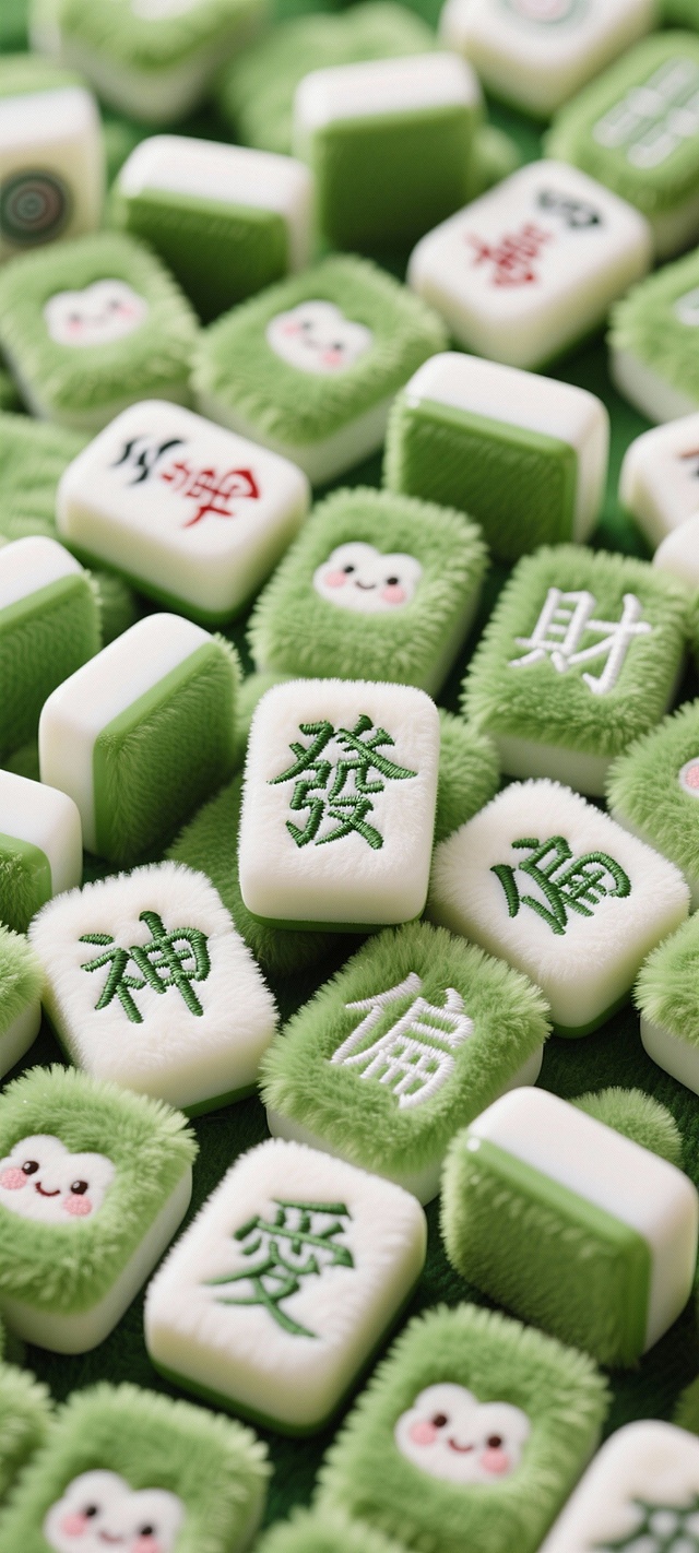 画面中是大量绿色系的毛绒麻将，上面绣有 “發”“財”“神”“偏”“愛” 等字样，字体圆润可爱，颜色以绿色和白色为主