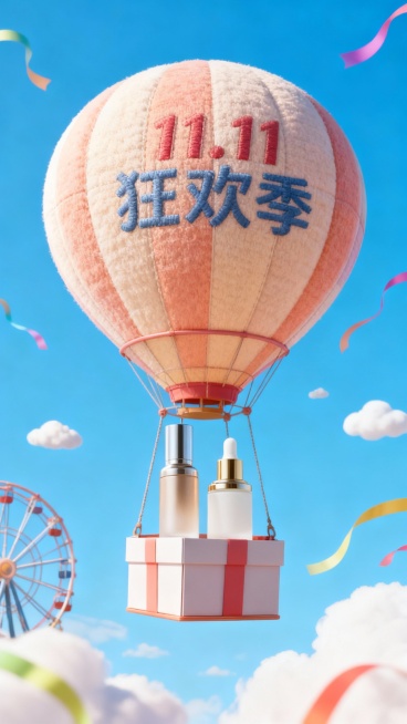 一个带有主体配色的大型热气球，吊篮为礼盒样式，礼盒里放着图中所有物品，气球上绣着“11.11 狂欢季”，背景展示高饱和蓝天、摩天轮、云朵、彩带等元素，营造出活泼、精致的氛围。预览效果