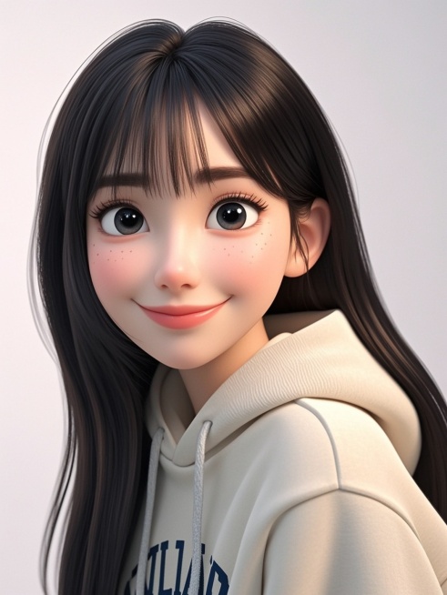 穿卫衣的女生，黑色长发，齐刘海预览效果