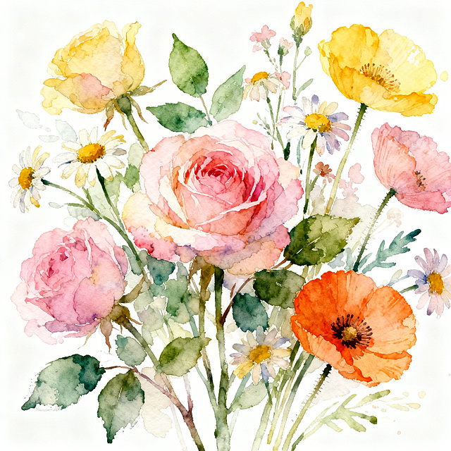 水彩风插画，柔和色彩交织，玫瑰与虞美人绽放，清新浪漫，文艺气息扑面而来，如春日晨光般温暖治愈。