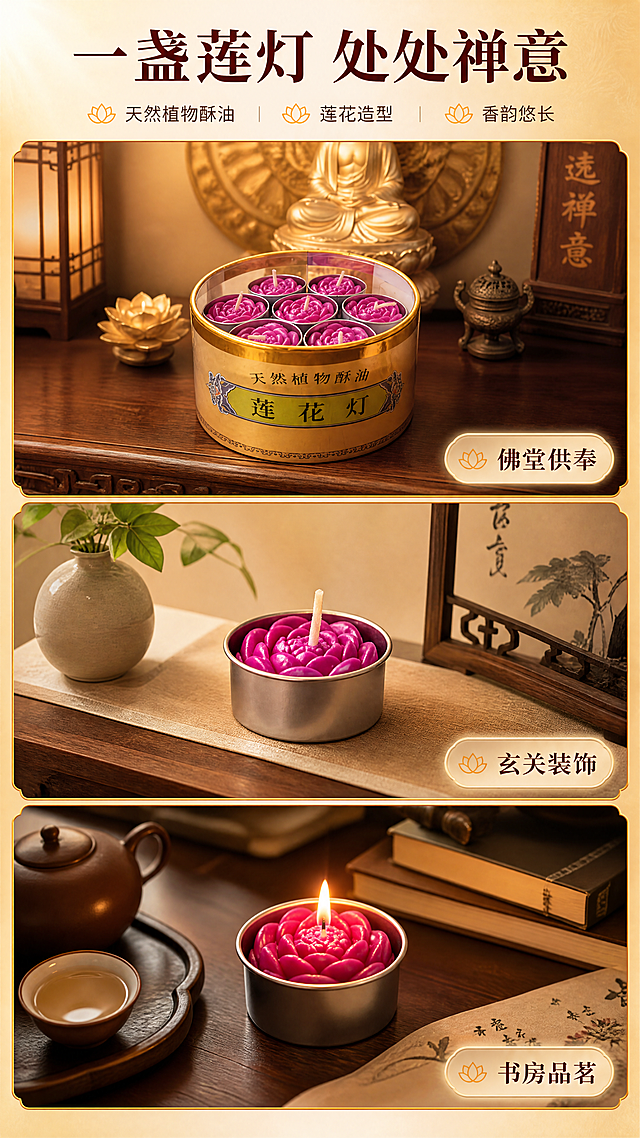[商品] 使用【图1】整盒莲花酥油灯与【图2】单盏莲花灯；保留产品原貌、莲花造型、紫红色、金色包装文字；商品处理：保留产品结构与颜色，适配不同场景摆放，去除原桌面杂物。
[画面] 目标：场景种草，展示多场景使用，激发购买欲。构图：三格竖版拼图，从上到下分别为：1.佛堂供桌场景，整盒莲花灯供奉于佛像前；2.玄关案几场景，单盏莲花灯作为家居装饰；3.书房茶桌场景，莲花灯伴清茶营造禅意氛围；每格配简短场景标签。
[视觉] 套系策略：风格=中式禅意商业摄影风；标题字=宋体粗体典雅风格；正文字=简洁黑体；主色=暖金+紫红；背景延展=基于暖金色做深浅层级、同色渐变和细腻木质/宣纸质感；强调色=暖橙黄，仅用于小面积图标、引线和光晕标签；标题色=深棕红；正文色=暖棕灰；组件=圆角金边信息卡、细线引线、莲花图标；光影=左前侧暖柔光，背景有柔和光晕。
[文字] 顶部主标题"一盏莲灯 处处禅意"，每格右下角配场景标签："佛堂供奉"、"玄关装饰"、"书房品茗"；文字清晰可读，不遮挡产品主体。
[规格] 图片比例9:16竖版，4K，避免变形、错字、文字过小、冷蓝/蓝灰背景、产品颜色改变、包装文字错乱。