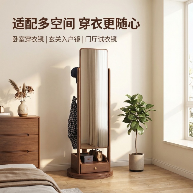 [主图主题] 多场景适配多功能穿衣镜
[氛围/风格] 日式简约温馨治愈，暖调自然光氛围
[画面元素] 实木穿衣镜放置在温馨卧室空间，浅原木色地板和奶白色墙面，旁边摆放简约绿植和斗柜，整体空间干净温馨，预览效果