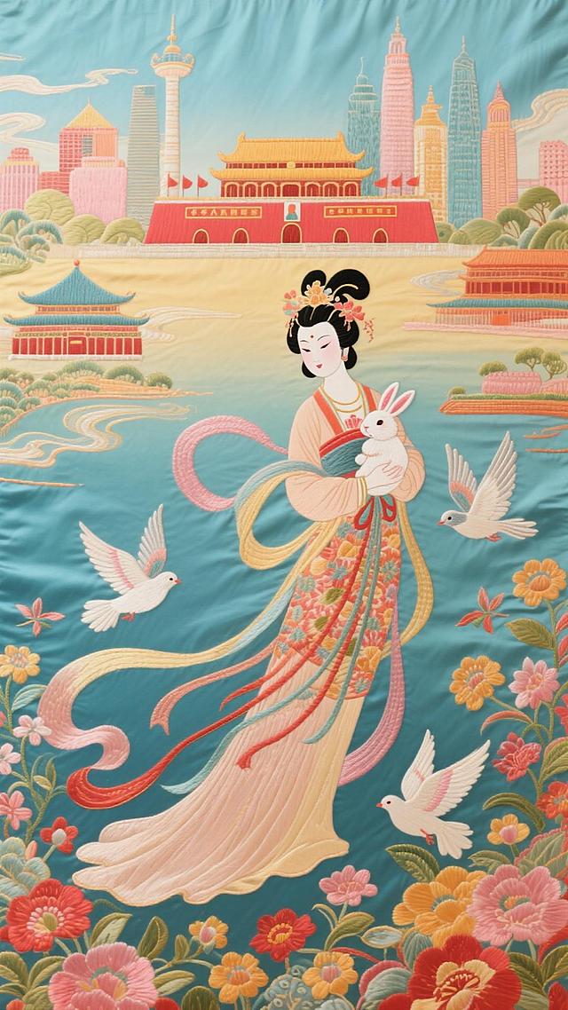 国潮风插画，融合古典工笔与刺绣质感，嫦娥怀抱玉兔立于花海，背景天安门与现代都市交相辉映，唯美梦幻，尽显中式优雅与民族浪漫。