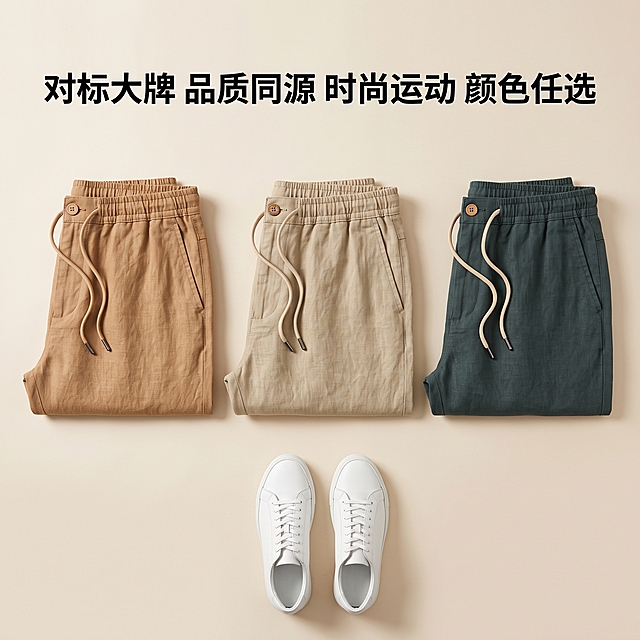 电商风格颜色选配图，1:1正方形超清图，画面中央横向整齐排列三条折叠好的亚麻百慕大男士短裤，从左到右依次为骆马色、卡其色、海军绿，三种颜色短裤款式完全一致，均为抽绳松紧腰、直筒百慕大短裤版型，100%亚麻面料纹理清晰，折叠整齐展示腰部抽绳与纽扣细节。短裤下方搭配简约白色休闲板鞋作为搭配参考。背景为高级感浅米色纯色背景，干净简约。画面上方居中位置有醒目黑色大字文案："对标大牌 品质同源 时尚运动 颜色任选"，字体为现代无衬线粗体，排版整齐美观。整体画面为高端电商主图风格，光线均匀柔和，突出三种颜色的对比与选择感，画面四周留出适当空间，构图平衡美观。无任何商标或LOGO。