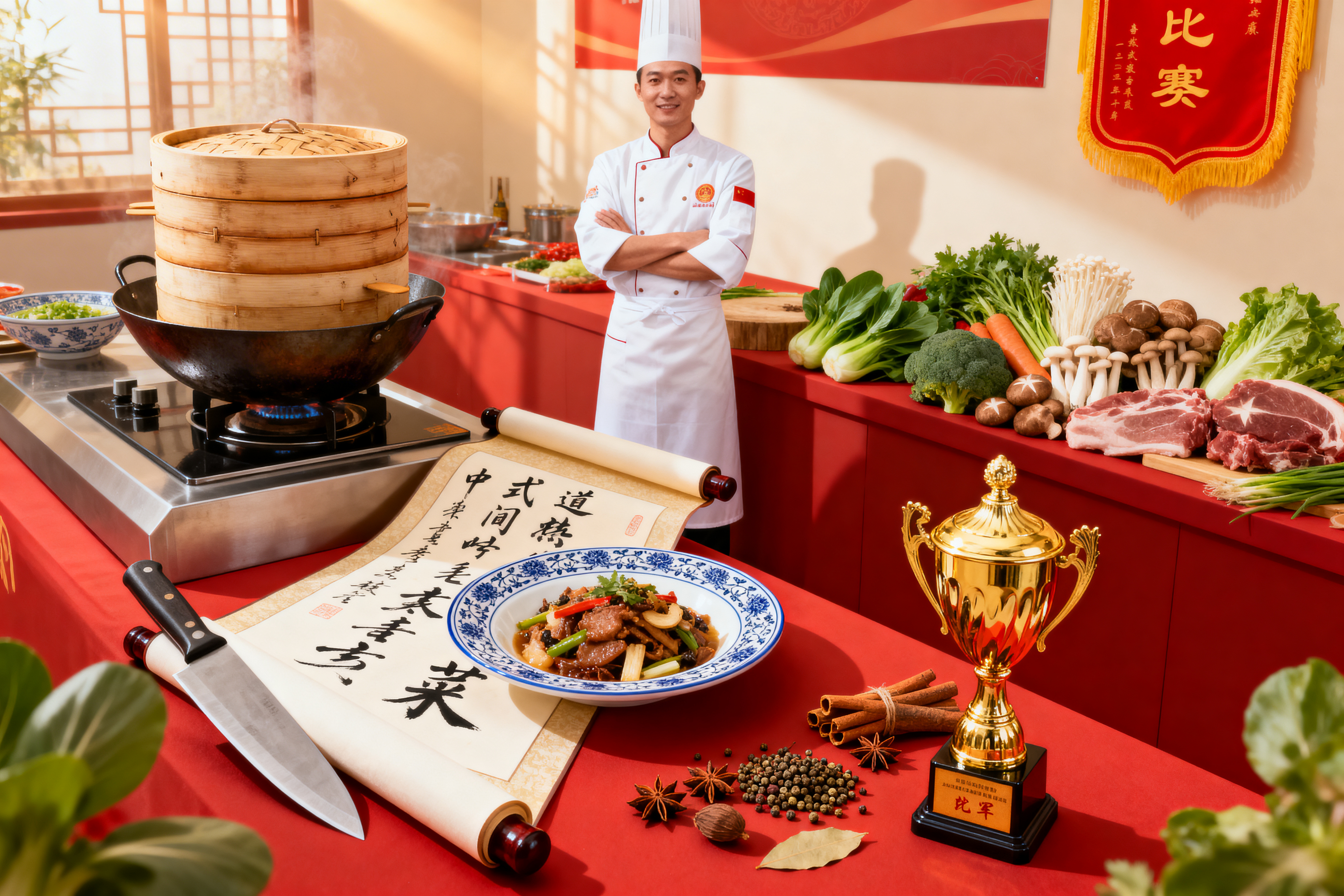 中式烹饪比赛相关元素创意合成图，包含中式铁锅、蒸笼、青花瓷餐盘… - 图片创意预览