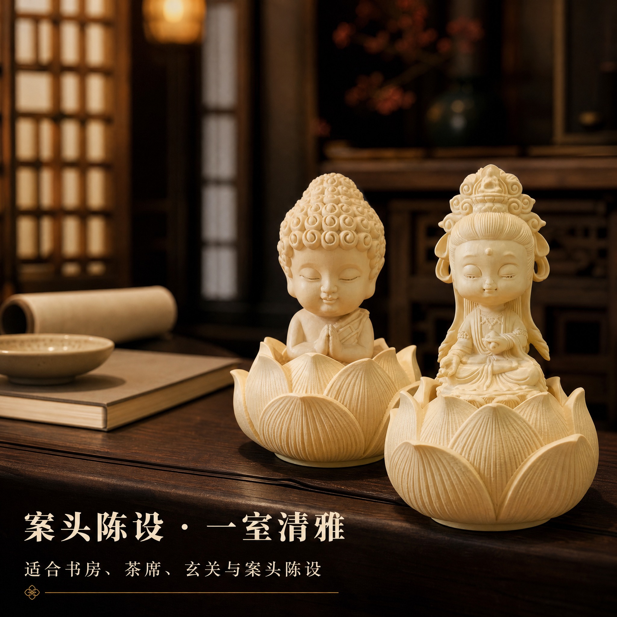 [主图-9] 语境场景图：双款并置于中式书房案头：【图1】为莲… - 图片创意预览
