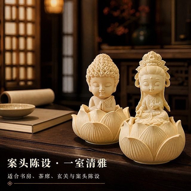 [主图-9] 语境场景图：双款并置于中式书房案头：【图1】为莲花宝宝佛、【图2】为莲花宝宝观音。
[统一基调] 新中式东方器物商业摄影（深色影调）：深棕黑渐变背景与深胡桃木案面；主色=深棕黑与暖琥珀；标题色=暖米白；正文色=浅暖灰；强调色=暗金（仅用于小面积标签、分隔线）；标题字=宋体类衷线粗体，正文字=细体宋体；全部文字横排。
[画面] 使用【图1】与【图2】。把两款器物安放到真实的中式书房案头场景：深胡桃木长案上，两款并排置于画面右侧三分线处、各占画面宽度约 28%，底部对齐、两侧不得出画；左侧后方摆一只浅色陶碟与一卷素面书册（书册封面与书脊不得出现任何文字、图标与图案），旁有虚化的宣纸卷轴与中式格栅窗；背景深色调并带左上暖光晕，仅背景强烈虚化（两款器物保持清晰）；两款各有自然接触阴影。商品保真：左为宝宝佛（浅象牙色黄杨木本色，光头蚝发高髆、双目微闭含笑、双手合十，下身隐入盛开莲花）；右为宝宝观音（浅象牙色黄杨木本色，头戴卷云纹宝冠、冠下垂长髮、双目微闭含笑、双手于身前交叠托持莲蕾，下身隐入莲花宝座）；两款均一体整雕、木纹细腻、打磨温润，本体无任何文字或刻字；严格保持各自的造型、面容、发饰、手印、衣纹、花瓣与木色，不得把两款造型混为一件。
[光影质感] 左侧 45 度暖光与背景窗光形成层次，浅色器物在深色木案上明暗对比突出，台面有自然接触阴影。
[配色] 深棕黑与深胡桃木为主，暖米白标题，浅暖灰正文，暗金仅用于小标签与分隔线；避免冷蓝冷灰成为背景或道具主色。
[文字版式] 左下横向：主标题「案头陈设 · 一室清雅」，正文一行「适合书房、茶席、玄关与案头陈设」；全部横排，不遮挡器物。
[输出要求] 1:1正方形，2K高清；负向：任何英文可见文字、任何数字、书册或道具上出现文字图标与图案、两款造型混同、变形、面容改变、发饰或手印改变、花瓣层叠错乱、木色改变、道具杂乱、悬浮、保留竹篱或花纹布料背景、水印、平台Logo、二维码、站外导流信息、功效或祈福类文案、绝对化用语、竖排或旋转文字。