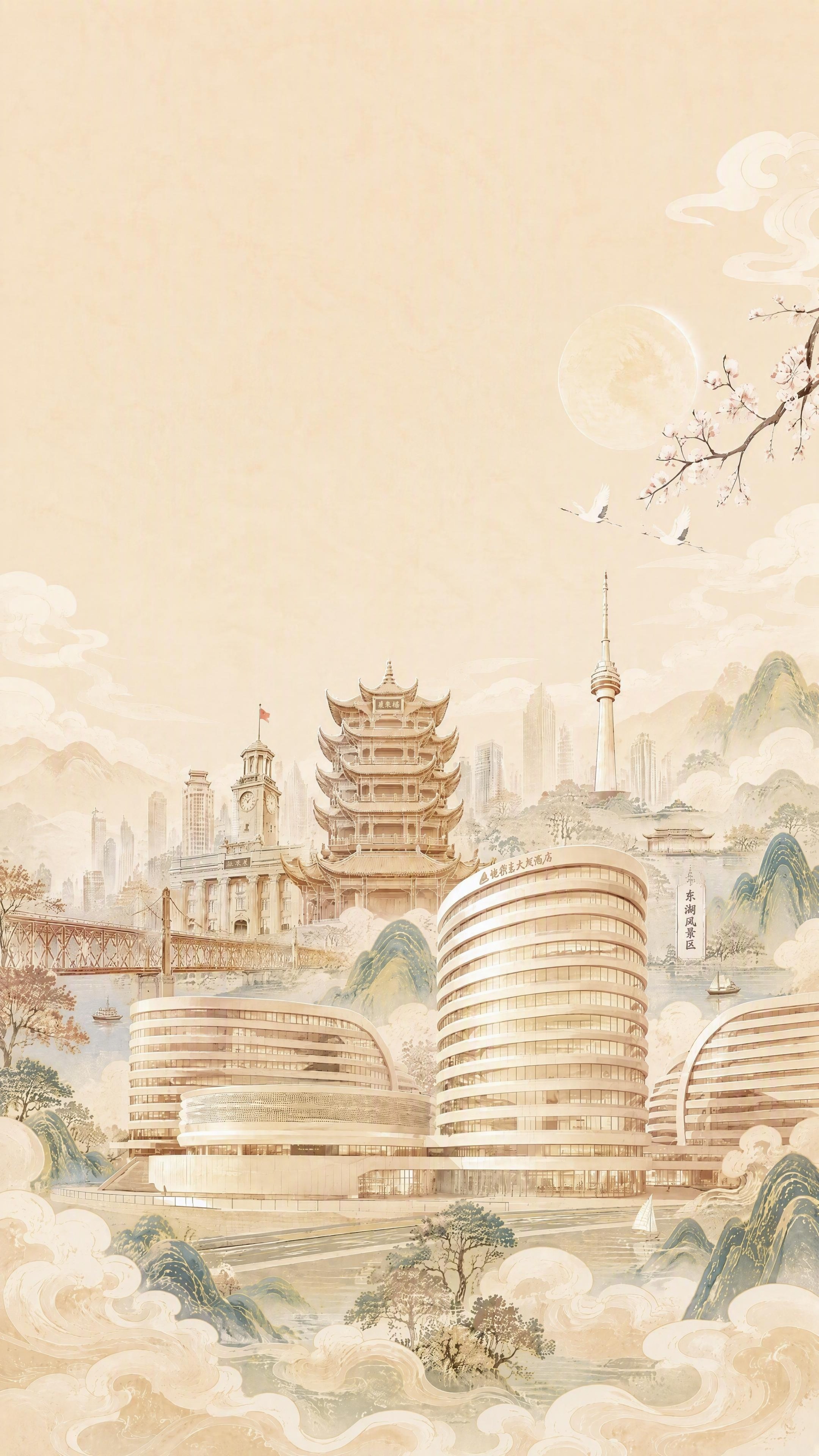 保持所有建筑结构完全不变，仅调整整体色调更加淡雅柔和，降低金黄… - 图片创意预览