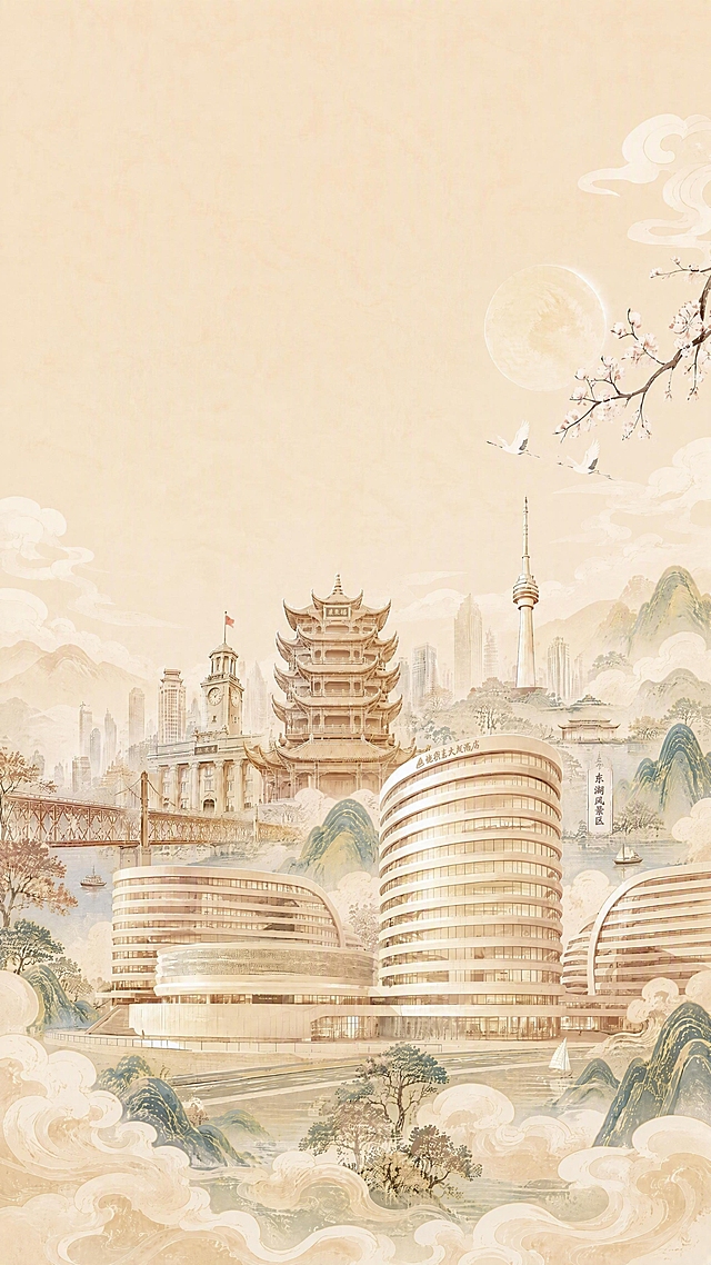 保持所有建筑结构完全不变，仅调整整体色调更加淡雅柔和，降低金黄色饱和度和明度，整体采用浅米色、淡暖杏色的淡雅配色，画面更通透清新。保留16:9竖版构图，顶部留白区域不变，祥云、山水、樱花、仙鹤等元素颜色也相应调淡，整体风格雅致柔和，建筑结构和布局完全保持原样不作任何改变。