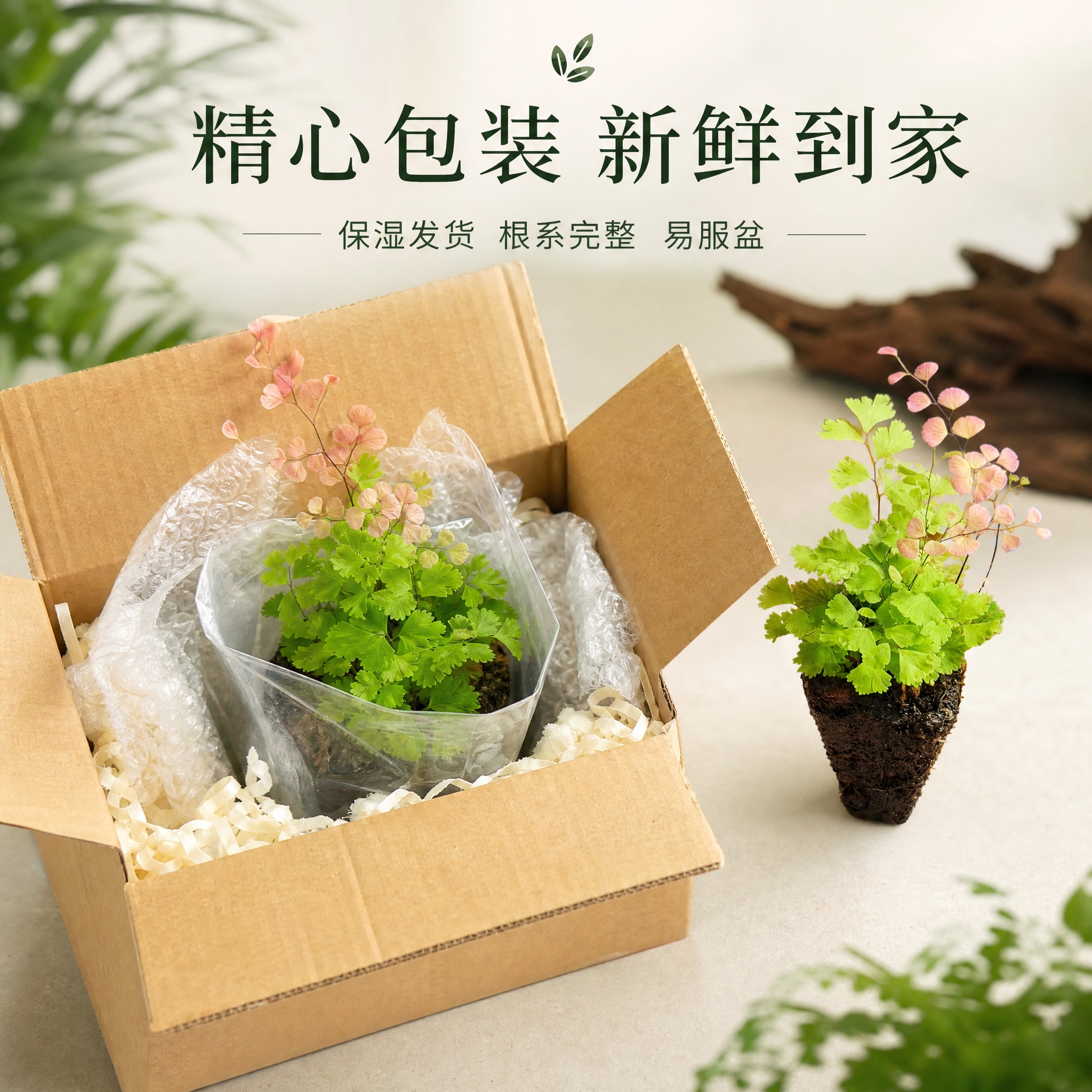 [主图-10] 包装与发货展示图，展示柔情铁线蕨的安全包装与收… - 图片创意预览
