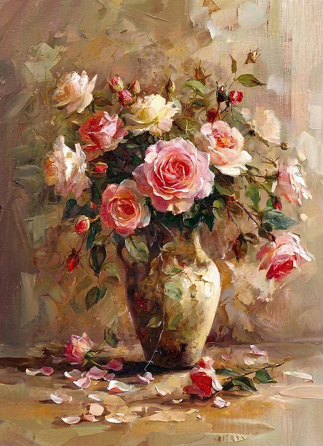 丰富画面细节和细腻程度，增加油画的手绘痕迹和质感