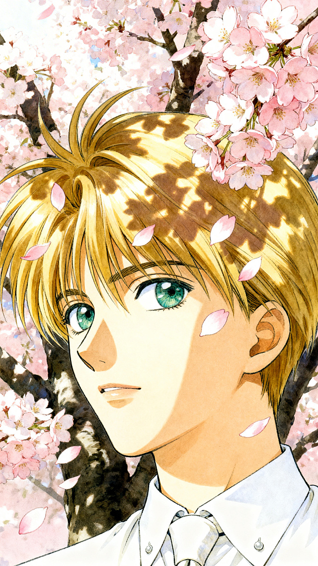 一个帅气的少年，金发碧眼，帅气阳光，白色衬衫，打领带，型男发型，白皙的皮肤，面部特写，树影斑驳，粉色花瓣飘落，背景是樱花