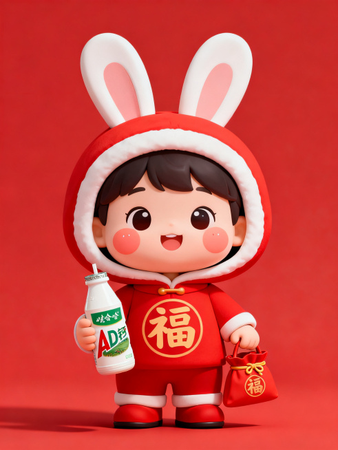 萌系卡通风格，幼年福福新版本，红色调，兔耳兜帽，红衣服福字，娃娃脸酒窝，手拿AD钙奶瓶和福袋，活泼可爱，纯色干净背景，只保留卡通人物预览效果