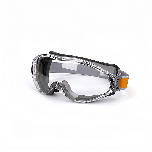 Create a high-conversion TikTok Shop US product image for clear protective safety goggles. Show the reference goggles alone on a clean pure white background with soft natural shadow. Do not change the product structure, color, lens shape, strap design, or foam padding. Keep the goggles exactly consistent with the reference product: transparent wraparound lens, clear frame, black inner foam padding, gray elastic strap with an orange stripe. The product should be centered, sharp, realistic, and occupy about 80% of the frame. Style: clean e-commerce hero image, premium, realistic, bright. Size: 1:1 square, 800x800px. Negative: no Chinese text, no watermark, no logo, no extra objects, no messy background.