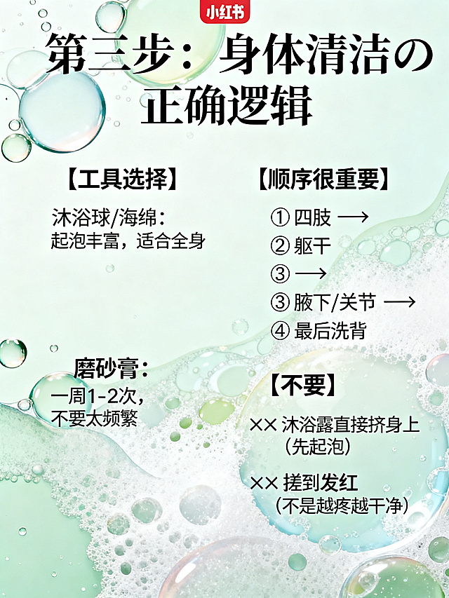 小红书图文内容图，主题是女生洗澡教程第三步身体清洁，清新风格，3:4比例，背景为水滴和泡沫的抽象图案，顶部大标题："第三步：身体清洁の正确逻辑"，内容分左右两列：左列【工具选择】沐浴球/海绵：起泡丰富，适合全身；磨砂膏：一周1-2次，不要太频繁。右列【顺序很重要】① 四肢 → ② 躯干 → ③ 腋下/关节 → ④ 最后洗背；【两个不要】✖️ 沐浴露直接挤身上（先起泡）✖️ 搓到发红（不是越疼越干净），整体排版清晰，配色清新柔和