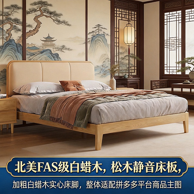 保持图中白蜡木床和床头柜外观不变，更换背景为国潮新中式装修风格的卧室，图片下方添加蓝底金字卖点文字：北美FAS级白蜡木，松木静音床板，加粗白蜡木实心床脚，整体适配拼多多平台商品主图