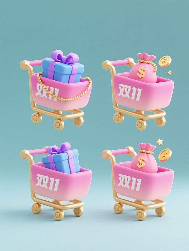 4个规整排布的3D立体购物车素材，保持简约现代风格，每个购物车造型样式各异，均采用圆润可爱的设计语言，主体为明亮的粉色渐变，搭配金色的车轮和装饰细节，内部填充不同形态的“双11”电商元素，如带有紫色蝴蝶结的蓝色礼物盒、缠绕金色绳子的粉色钱袋和飞出的金色星星硬币，整体氛围欢快活泼，充满购物的愉悦感，所有元素悬浮于纯色背景之上，无任何文字、logo和水印。