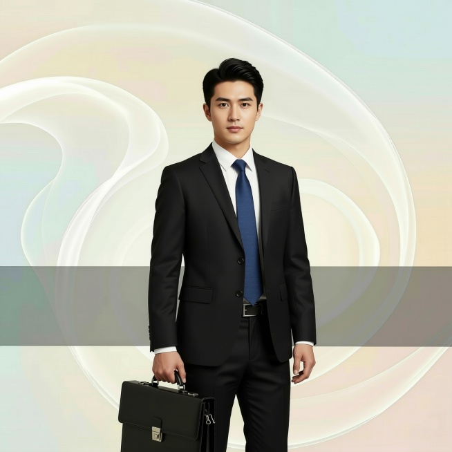 主体更换为青年男性，身份为创业初期，着正装，手提公文包，最上方两排文案去除。预览效果