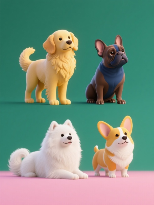 3D风格的四只完全不同种类的小狗集合，每只小狗造型各异，规整排布在纯色背景上。第一只：金毛寻回犬，站立姿态，尾巴自然下垂，浅金色毛发，温暖的黄色背景；第二只：法国斗牛犬，坐着歪头，前爪并拢，深棕色短毛，深蓝色背景；第三只：萨摩耶犬，趴卧姿势，尾巴卷曲在身侧，纯白色长毛，粉色背景；第四只：柯基犬，站立抬头，耳朵竖起，黄白相间短毛，绿色背景。每只小狗都有清晰的毛发纹理，立体感强，光线均匀柔和，整体……预览效果